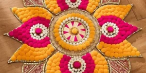 “Bright and colorful rangoli designs decorating a Diwali home, reflecting vibrant living and festive joy.”