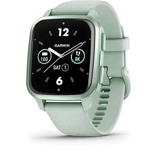 Garmin square smartwatch in mint green with heart rate, steps, and activity tracking features.