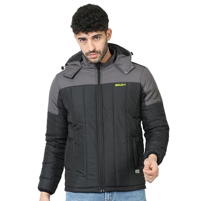 Men’s black and grey Boldfit padded winter jacket”