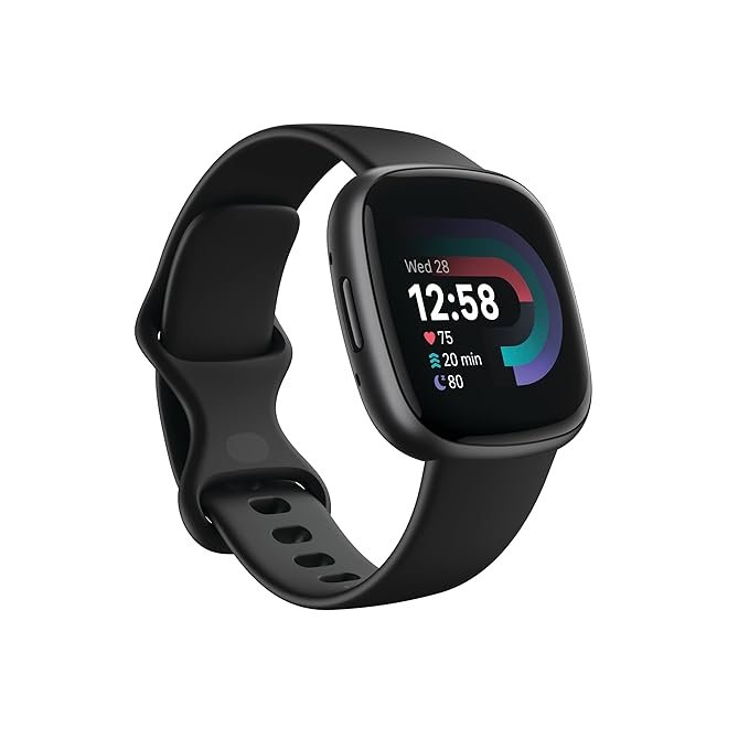 Fitbit black fitness smartwatch with heart rate monitoring and activity tracking display.