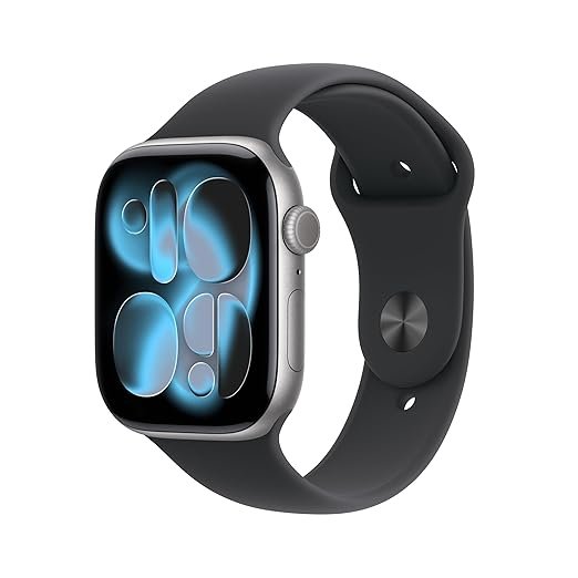 Apple-style rectangular smartwatch with black strap and minimal blue digital display