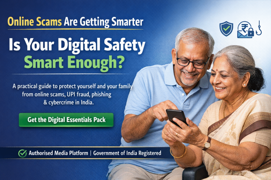 Online scams in India showing digital fraud through fake bank messages and phishing alerts on smartphone