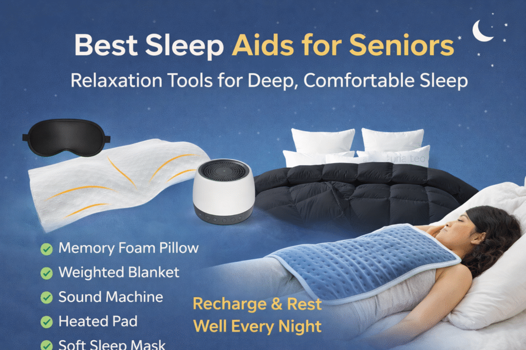 Best sleep aids for seniors including memory foam pillow, weighted blanket, sound machine and sleep mask for deep comfortable sleep