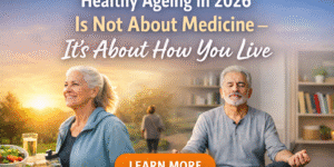 Healthy Ageing in 2026 – Active seniors walking, meditating, and eating healthy with the message: “Healthy Ageing in 2026 Is Not About Medicine — It’s About How You Live