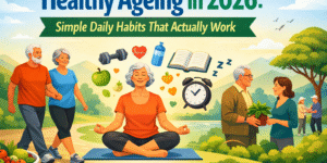 Healthy ageing daily habits in 2026 showing seniors walking, meditating, eating healthy food, sleeping well, and staying socially active