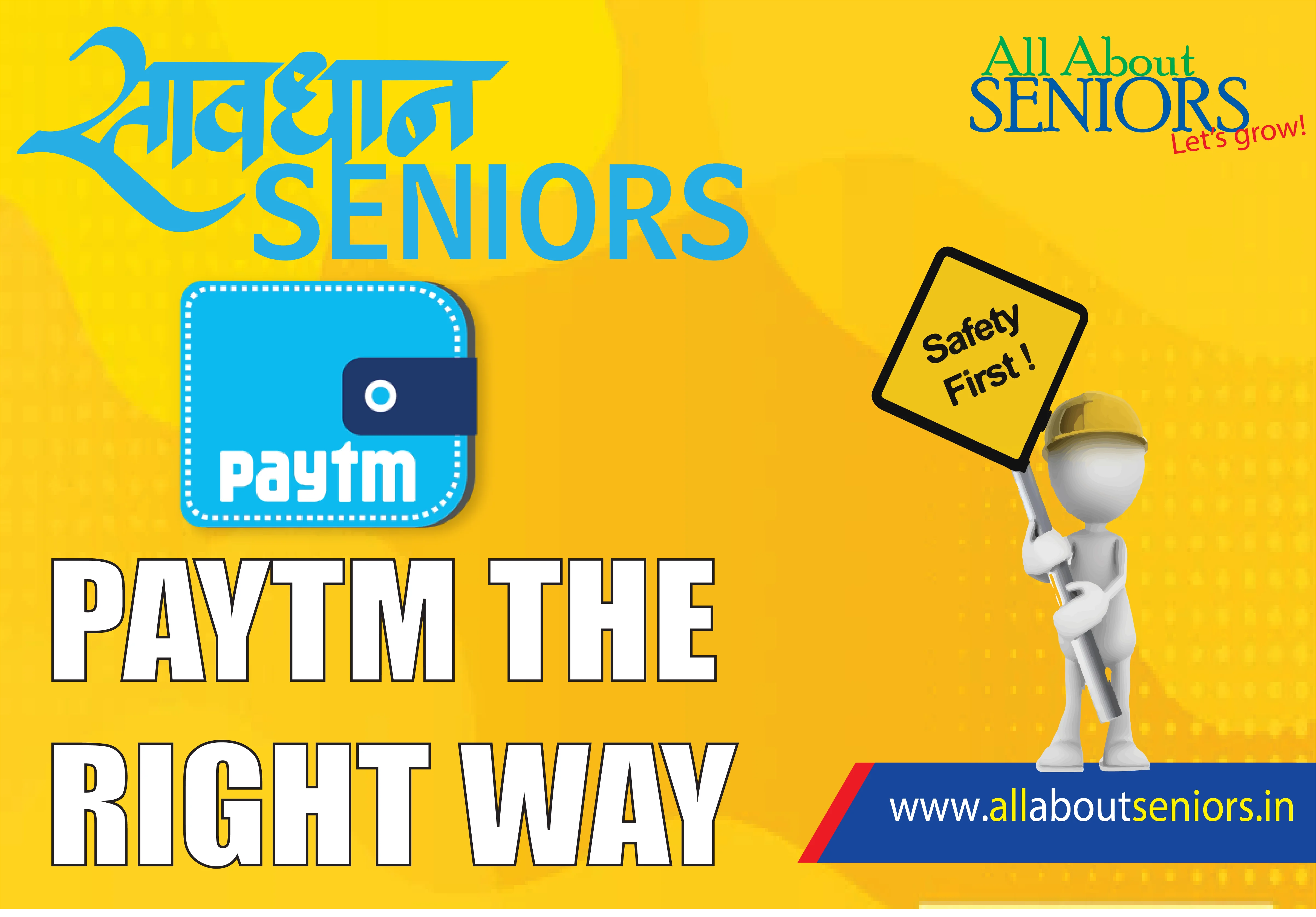 Senior using Paytm on a smartphone with guidance for safe and secure digital payments.