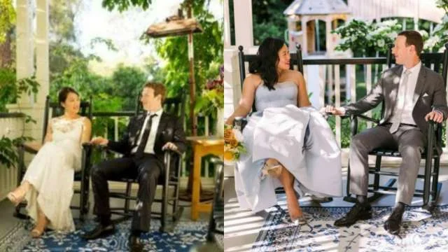 “Mark Zuckerberg and Priscilla Chan recreating their wedding photos after 10 years.”