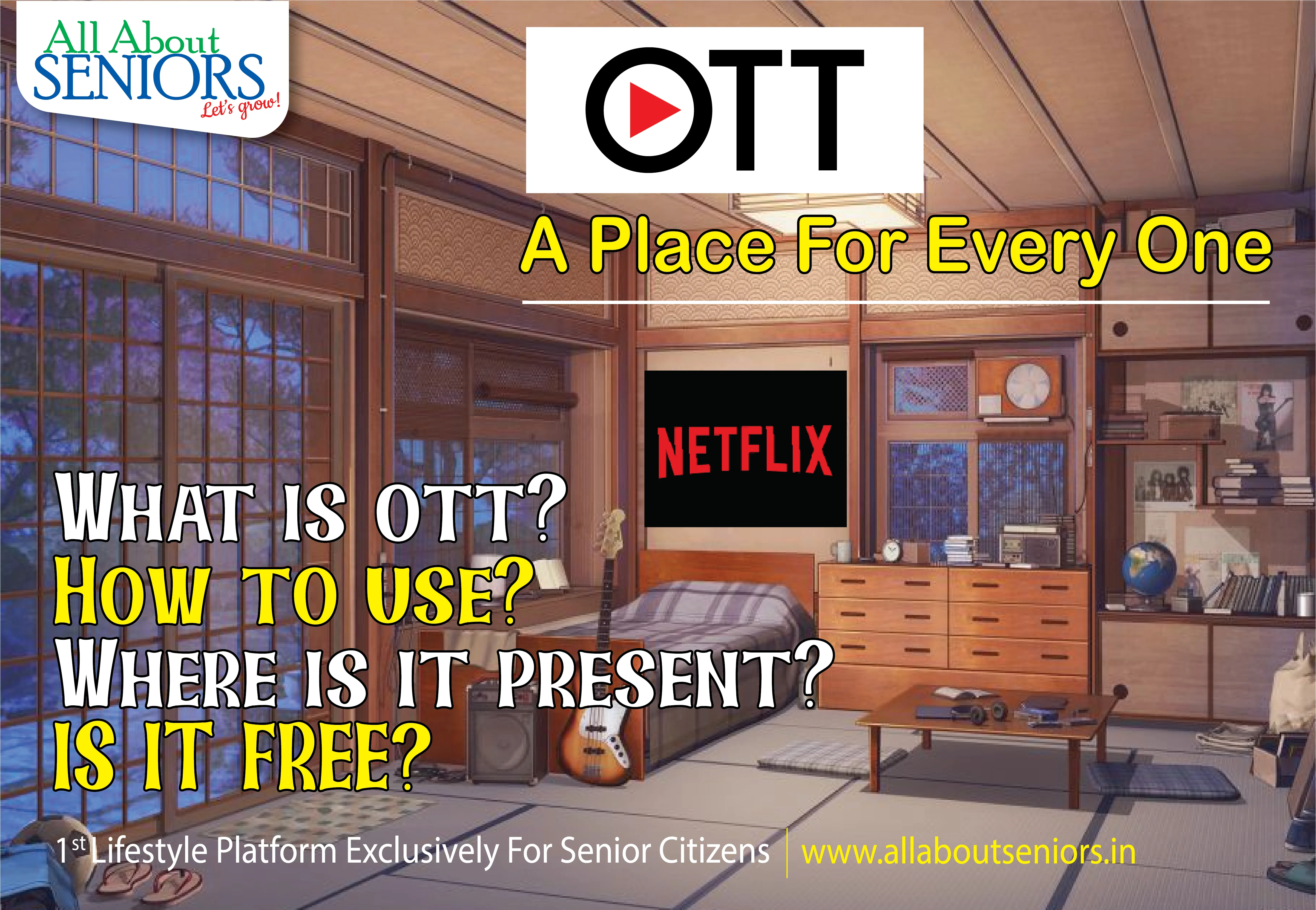 Elderly and young family members watching OTT content together at home.”