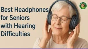 “Senior wearing comfortable headphones with clear audio designed for hearing difficulties.”