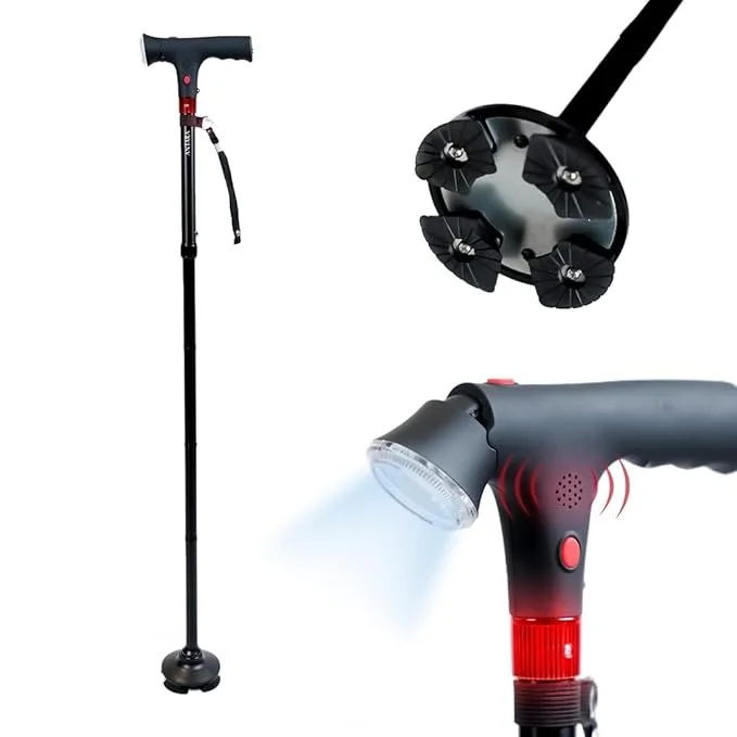 Adjustable walking stick with strong anti-slip base and LED torch